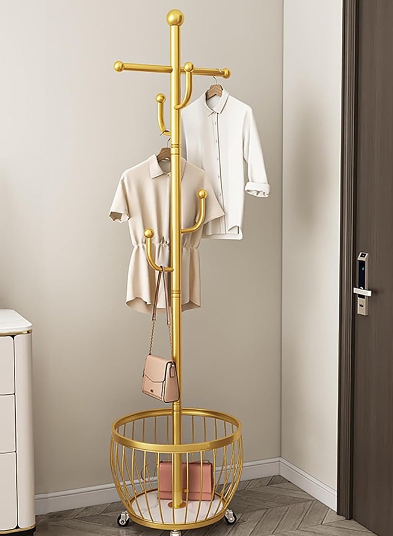 Generic Coat Rack with Storage Basket, Coat Stand Freestanding with 4 Hooks, Metal Coat Tree with Brake Wheels for Entryway, Hallway, Bedroom, Living Room  - Image 1