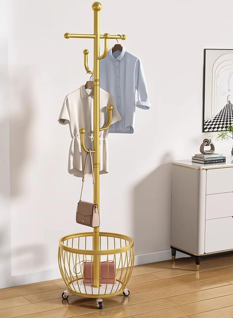 Generic Coat Rack with Storage Basket, Coat Stand Freestanding with 4 Hooks, Metal Coat Tree with Brake Wheels for Entryway, Hallway, Bedroom, Living Room  - Image 2