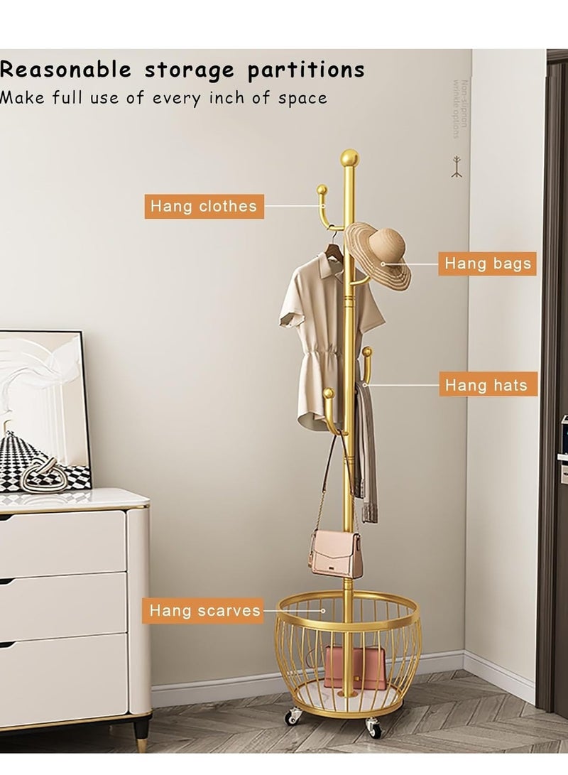 Generic Coat Rack with Storage Basket, Coat Stand Freestanding with 4 Hooks, Metal Coat Tree with Brake Wheels for Entryway, Hallway, Bedroom, Living Room  - Image 3