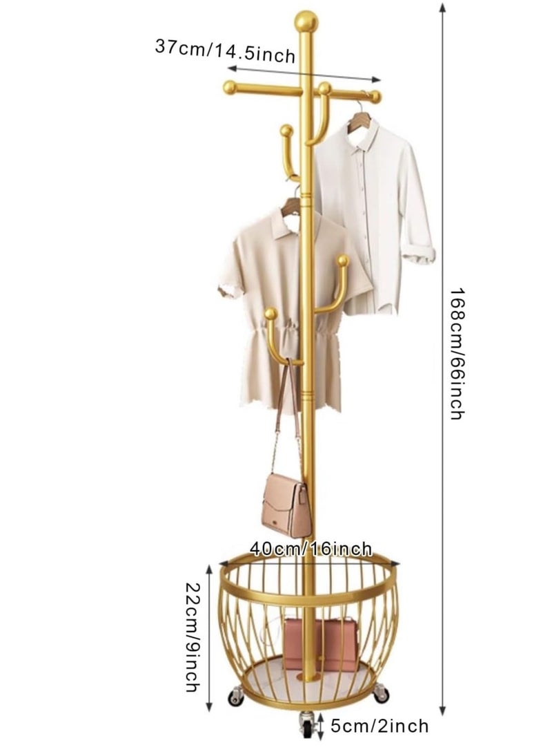 Generic Coat Rack with Storage Basket, Coat Stand Freestanding with 4 Hooks, Metal Coat Tree with Brake Wheels for Entryway, Hallway, Bedroom, Living Room  - Image 4