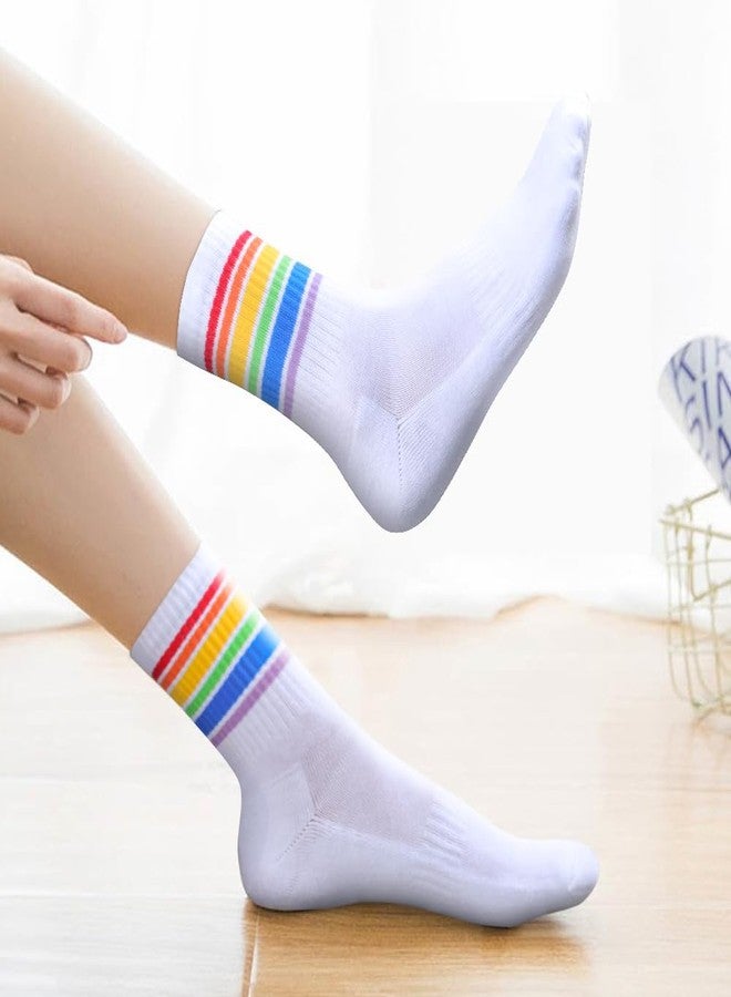 YUEDGE Women's Rainbow Cuff White Cotton Casual Cushioned Crew Socks Moisture Wicking Tennis Cycling Running Training Athletic Socks for Women Size 6-9, 5 Pairs - Image 2