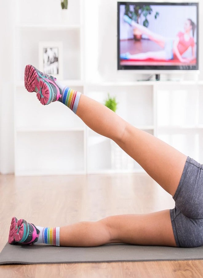 YUEDGE Women's Rainbow Cuff White Cotton Casual Cushioned Crew Socks Moisture Wicking Tennis Cycling Running Training Athletic Socks for Women Size 6-9, 5 Pairs - Image 4