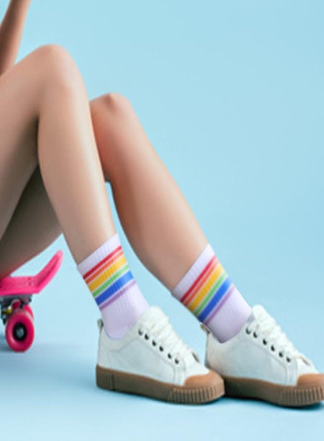 YUEDGE Women's Rainbow Cuff White Cotton Casual Cushioned Crew Socks Moisture Wicking Tennis Cycling Running Training Athletic Socks for Women Size 6-9, 5 Pairs - Image 3