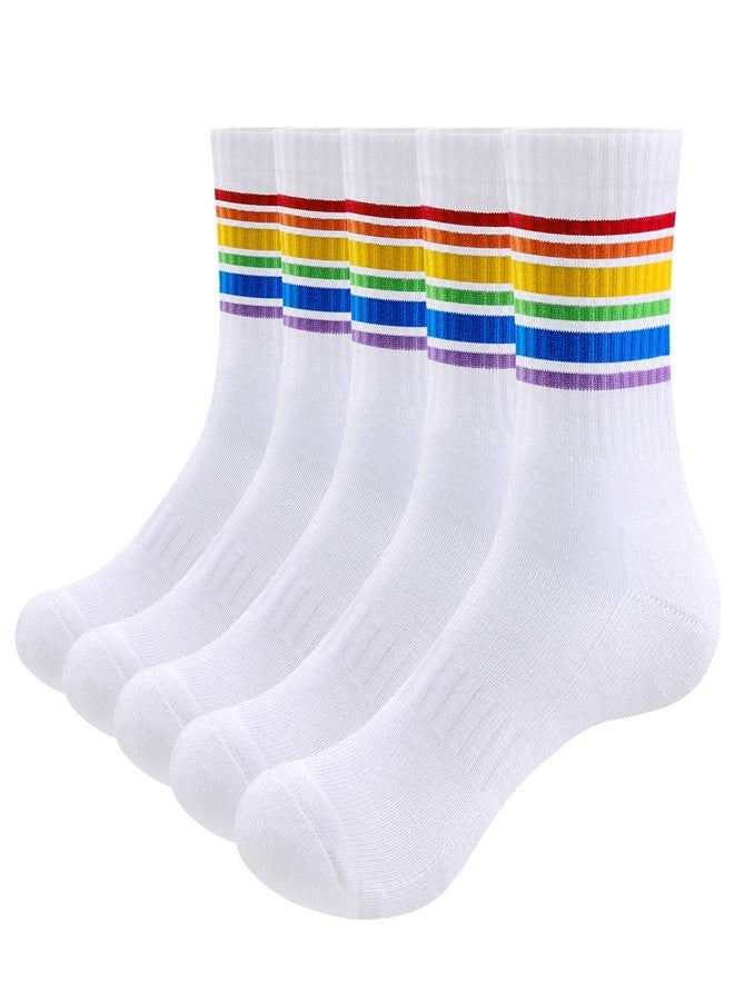 YUEDGE Women's Rainbow Cuff White Cotton Casual Cushioned Crew Socks Moisture Wicking Tennis Cycling Running Training Athletic Socks for Women Size 6-9, 5 Pairs - Image 1