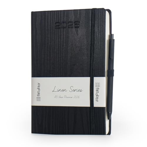 Kitabby - Linen Series | 2026 New Year Diary & Planner with Pen | A5 Size | One-Day-to-a-Page with Thumb-Cut Indexes | 424 pages | Satin Fabric Cover Material with Moiré Pattern | (Black) - Image 1
