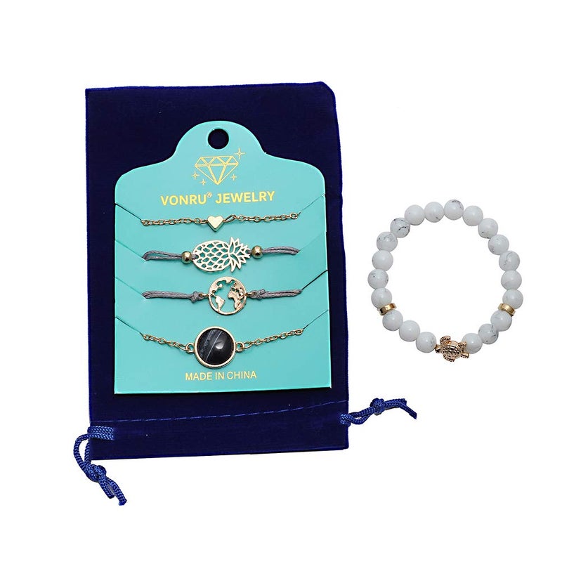 VONRU Beaded Bracelets for Women - Adjustable Charm Pendent Stack Bracelets Set for Women Friendship Bracelet Links (Turtle bracelet) - Image 5