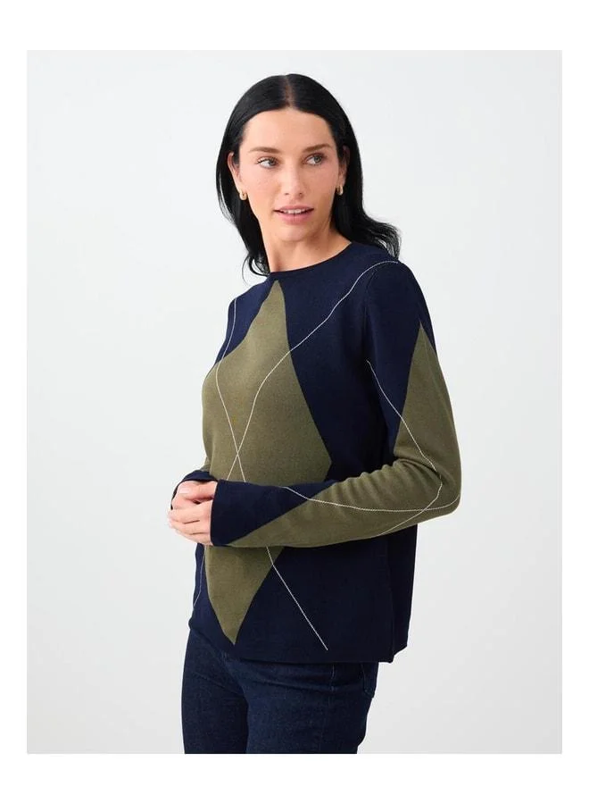Jimmy Key Navy Baklava-Patterned Crew Neck Long Sleeve Knit Sweater.