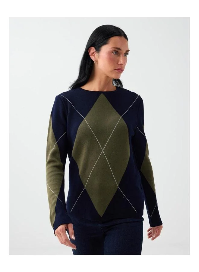 Jimmy Key Navy Baklava-Patterned Crew Neck Long Sleeve Knit Sweater.