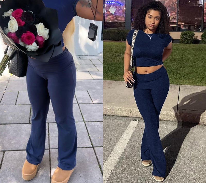 ZFLM Casual Workout Two Piece Outfits for Women Short Sleeve Crop High Waist Foldover Flare Pants Tracksuit Sets Streetwear - Image 4