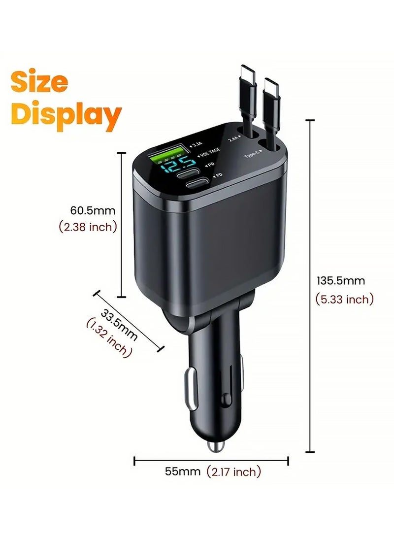 5-in-1 Retractable Car Charger,150W Fast Charging with Type C,180° Rotary Adapter,Retractable Cords & 2X USB C/USB A Ports Compatible with iPhone 16/15/Plus/Pro/Pro Max Samsung Galaxy S25/S24/S23 Ultra and More - Black