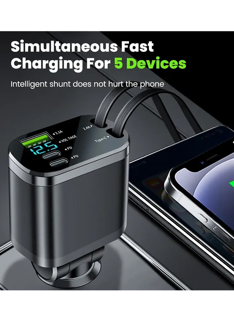 5-in-1 Retractable Car Charger,150W Fast Charging with Type C,180° Rotary Adapter,Retractable Cords & 2X USB C/USB A Ports Compatible with iPhone 16/15/Plus/Pro/Pro Max Samsung Galaxy S25/S24/S23 Ultra and More - Black