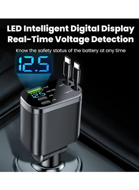 5-in-1 Retractable Car Charger,150W Fast Charging with Type C,180° Rotary Adapter,Retractable Cords & 2X USB C/USB A Ports Compatible with iPhone 16/15/Plus/Pro/Pro Max Samsung Galaxy S25/S24/S23 Ultra and More - Black