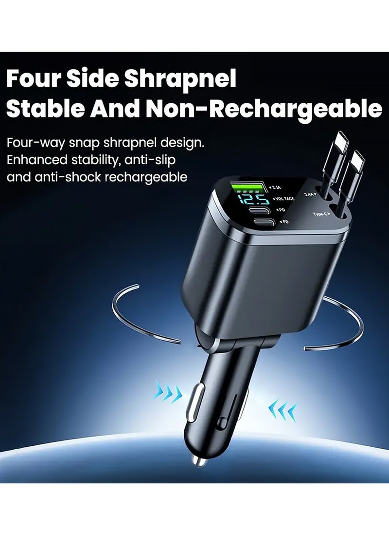 5-in-1 Retractable Car Charger,150W Fast Charging with Type C,180° Rotary Adapter,Retractable Cords & 2X USB C/USB A Ports Compatible with iPhone 16/15/Plus/Pro/Pro Max Samsung Galaxy S25/S24/S23 Ultra and More - Black