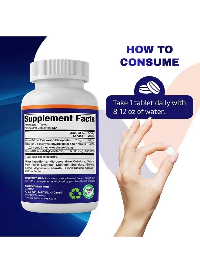 Vitamatic Methyl Folate & B12 Supplement with Pyridoxal 5 Phosphate (P-5-P) - Promotes Cardiovascular Health & Energy Metabolism - 120 Fast Dissolve Tablets - Non GMO & Gluten Free - Image 4