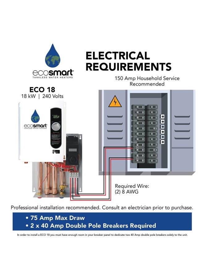 Ecosmart - Ecosmart Eco 18 Electric Tankless Water Heater 18 Kw At 240 Volts With Patented Self Modulating Technology - Image 1