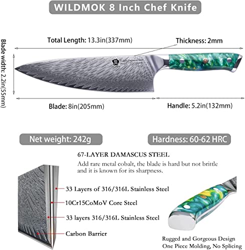 WILDMOK Chef Knife, 8 inch Damascus Japanese Kitchen Cooking Knife,Japanese VG10 Steel Green Resin Handle kitchen knives,Damascus chef's knives Including Gift Box - Image 2