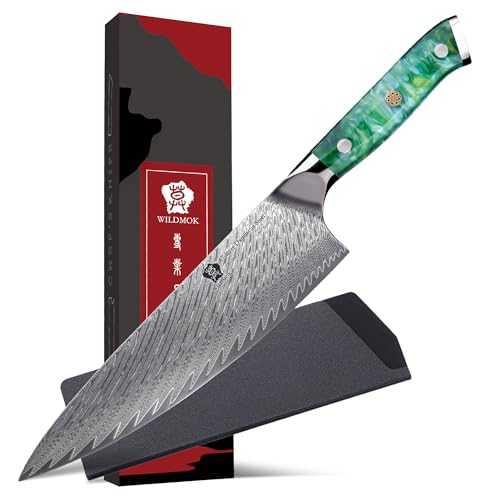 WILDMOK Chef Knife, 8 inch Damascus Japanese Kitchen Cooking Knife,Japanese VG10 Steel Green Resin Handle kitchen knives,Damascus chef's knives Including Gift Box - Image 1