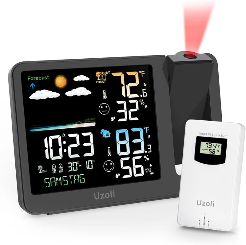 uzoli Projection Alarm Clock Weather Station, WWVB Atomic Projector Clock with Sensor, Adjustable Backlight, Indoor Outdoor Temperature Humidity, Digital Projection Clock for Bedroom Ceiling - Image 1
