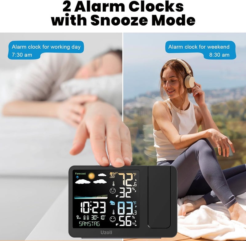 uzoli Projection Alarm Clock Weather Station, WWVB Atomic Projector Clock with Sensor, Adjustable Backlight, Indoor Outdoor Temperature Humidity, Digital Projection Clock for Bedroom Ceiling - Image 4