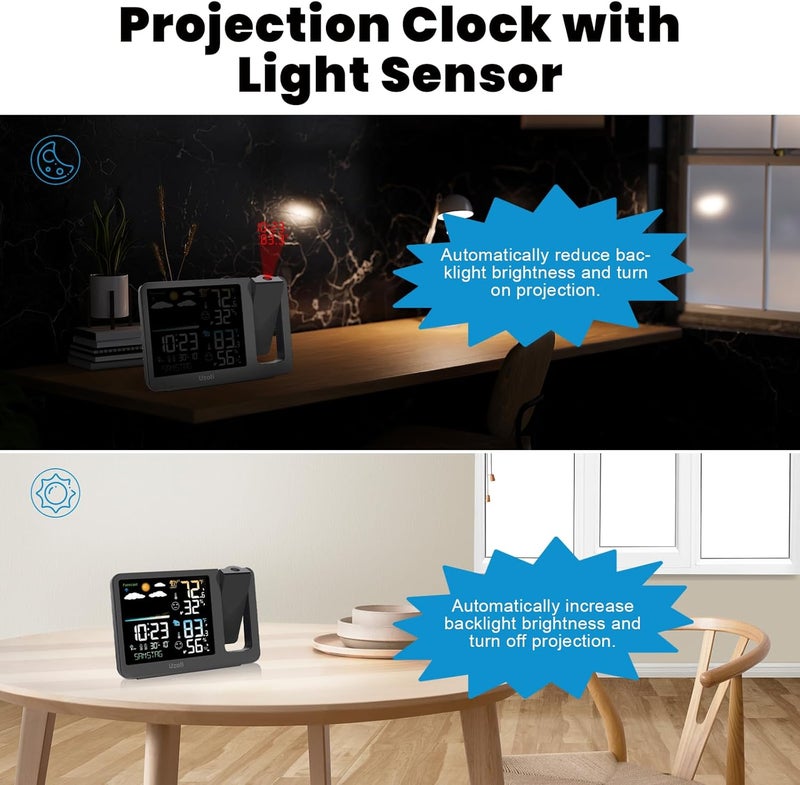 uzoli Projection Alarm Clock Weather Station, WWVB Atomic Projector Clock with Sensor, Adjustable Backlight, Indoor Outdoor Temperature Humidity, Digital Projection Clock for Bedroom Ceiling - Image 5