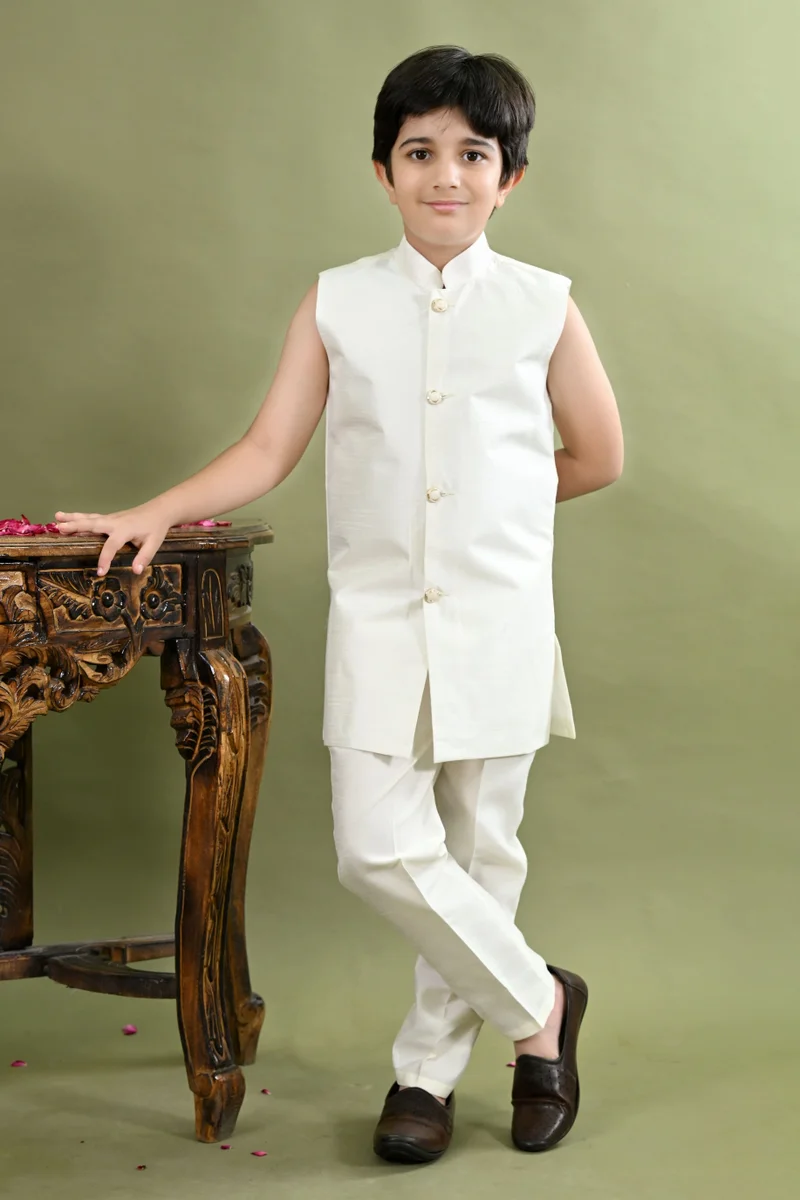 BT DEZINES  Boys White Cotton Silk Sherwani Set  | Best Price UAE