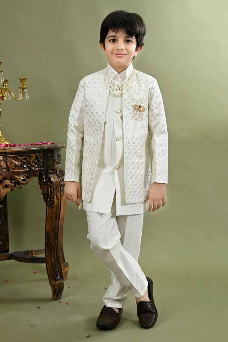 Boys White Cotton Silk Sherwani Set