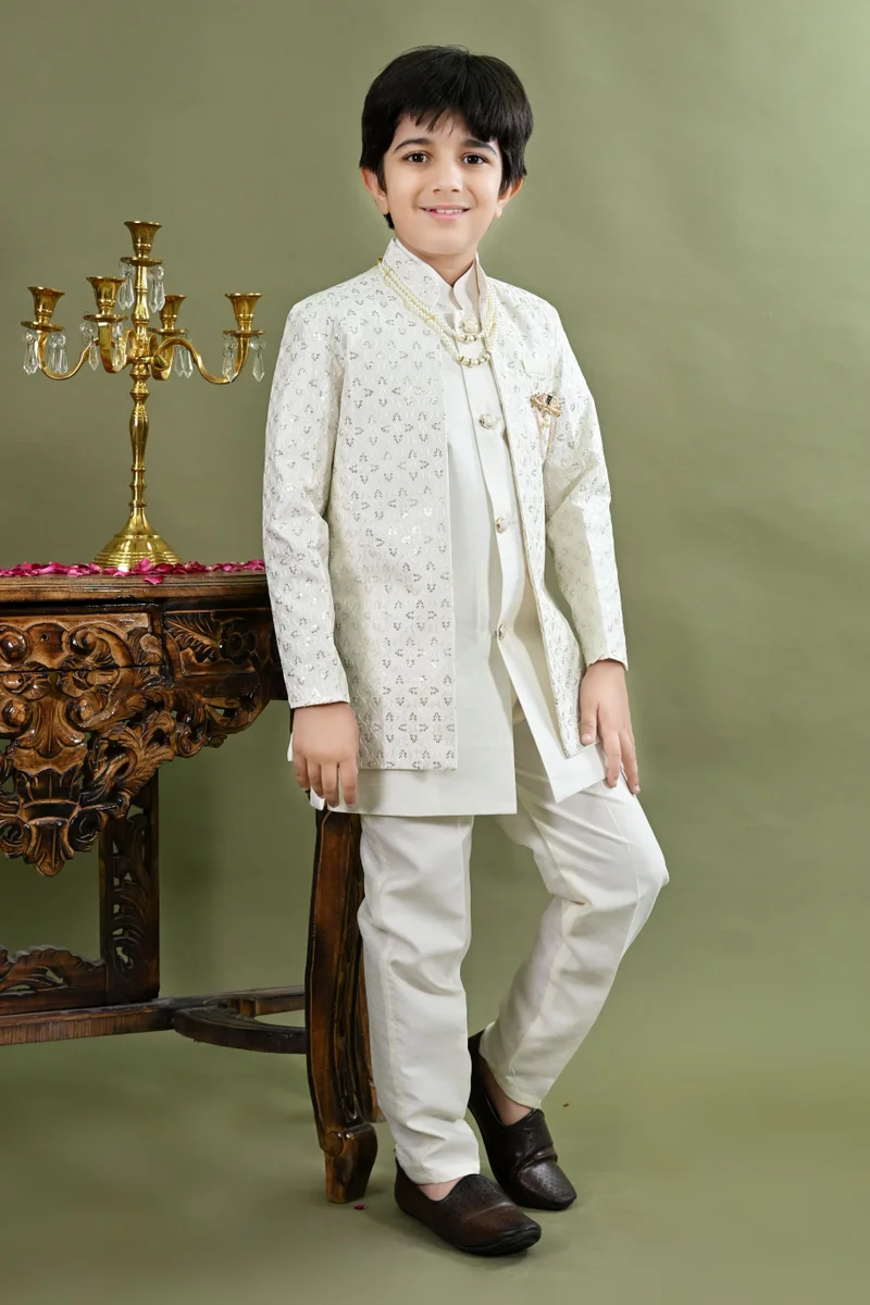 BT DEZINES  Boys White Cotton Silk Sherwani Set  | Best Price UAE