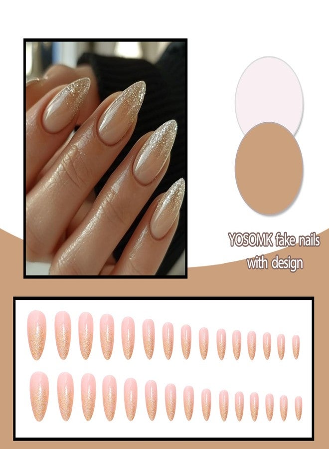 YOSOMK Glitter Nude Acrylic Press on Nails Almond Medium Fake Nails Press Ons Full Cover Glue on False Nail Bright Surface Designs Artificial Stick on Nail for Women - Image 4