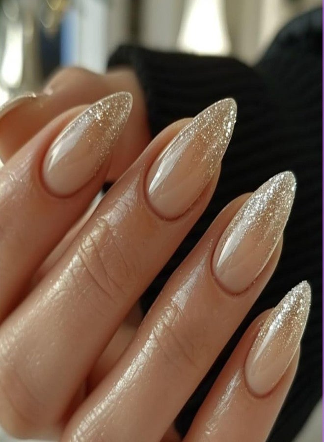 YOSOMK Glitter Nude Acrylic Press on Nails Almond Medium Fake Nails Press Ons Full Cover Glue on False Nail Bright Surface Designs Artificial Stick on Nail for Women - Image 1
