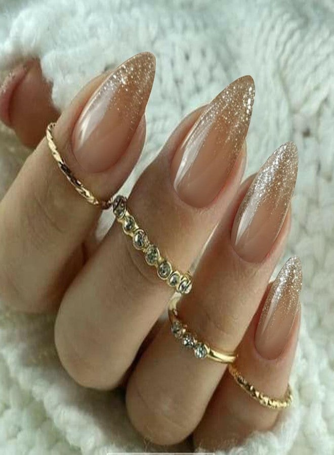 YOSOMK Glitter Nude Acrylic Press on Nails Almond Medium Fake Nails Press Ons Full Cover Glue on False Nail Bright Surface Designs Artificial Stick on Nail for Women - Image 3