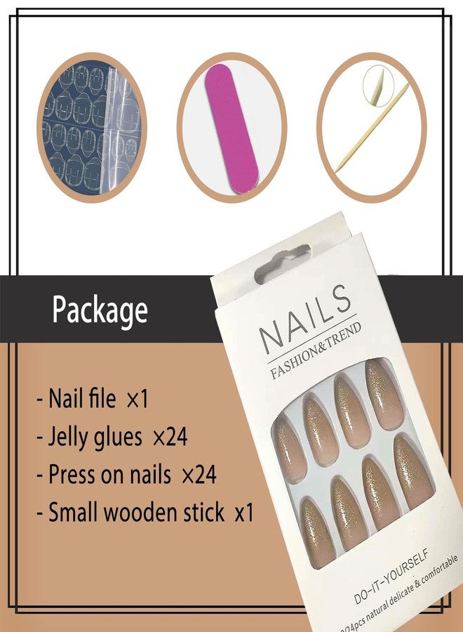 YOSOMK Glitter Nude Acrylic Press on Nails Almond Medium Fake Nails Press Ons Full Cover Glue on False Nail Bright Surface Designs Artificial Stick on Nail for Women - Image 5