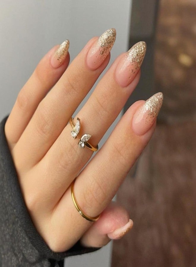 YOSOMK Glitter Nude Acrylic Press on Nails Almond Medium Fake Nails Press Ons Full Cover Glue on False Nail Bright Surface Designs Artificial Stick on Nail for Women - Image 2
