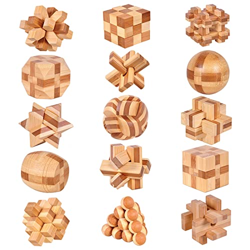 VolksRose 15pcs Wooden Brain Teaser Puzzles IQ Challenge Puzzle Games Logic Smart Mind Puzzle Box Lock Toy Removing Assembling 3D Small Puzzle Gift Set for Adults Teenagers Kids 18inch 45cm - Image 1