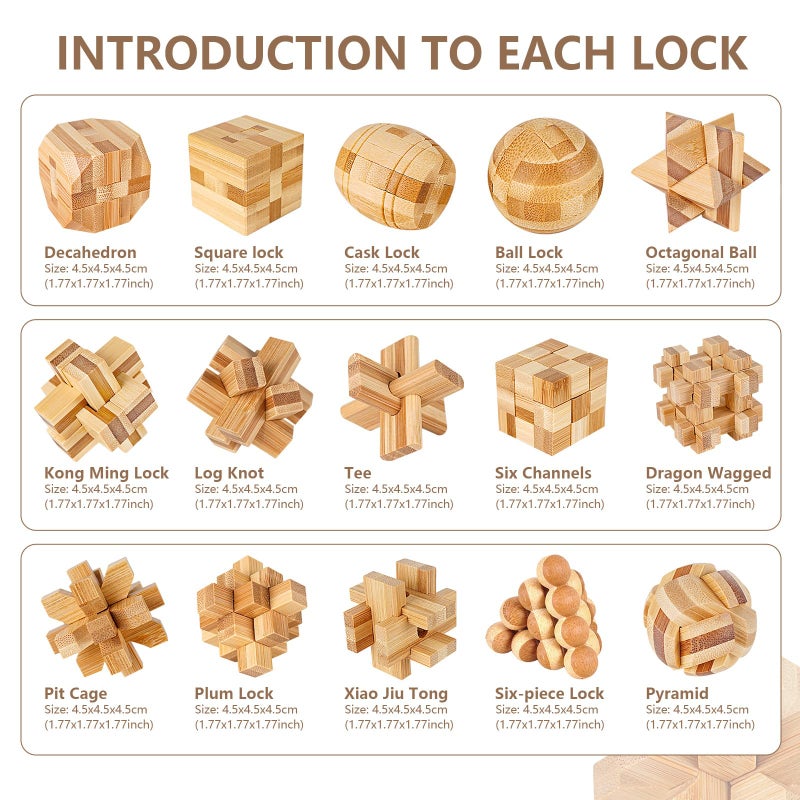 VolksRose 15pcs Wooden Brain Teaser Puzzles IQ Challenge Puzzle Games Logic Smart Mind Puzzle Box Lock Toy Removing Assembling 3D Small Puzzle Gift Set for Adults Teenagers Kids 18inch 45cm - Image 3