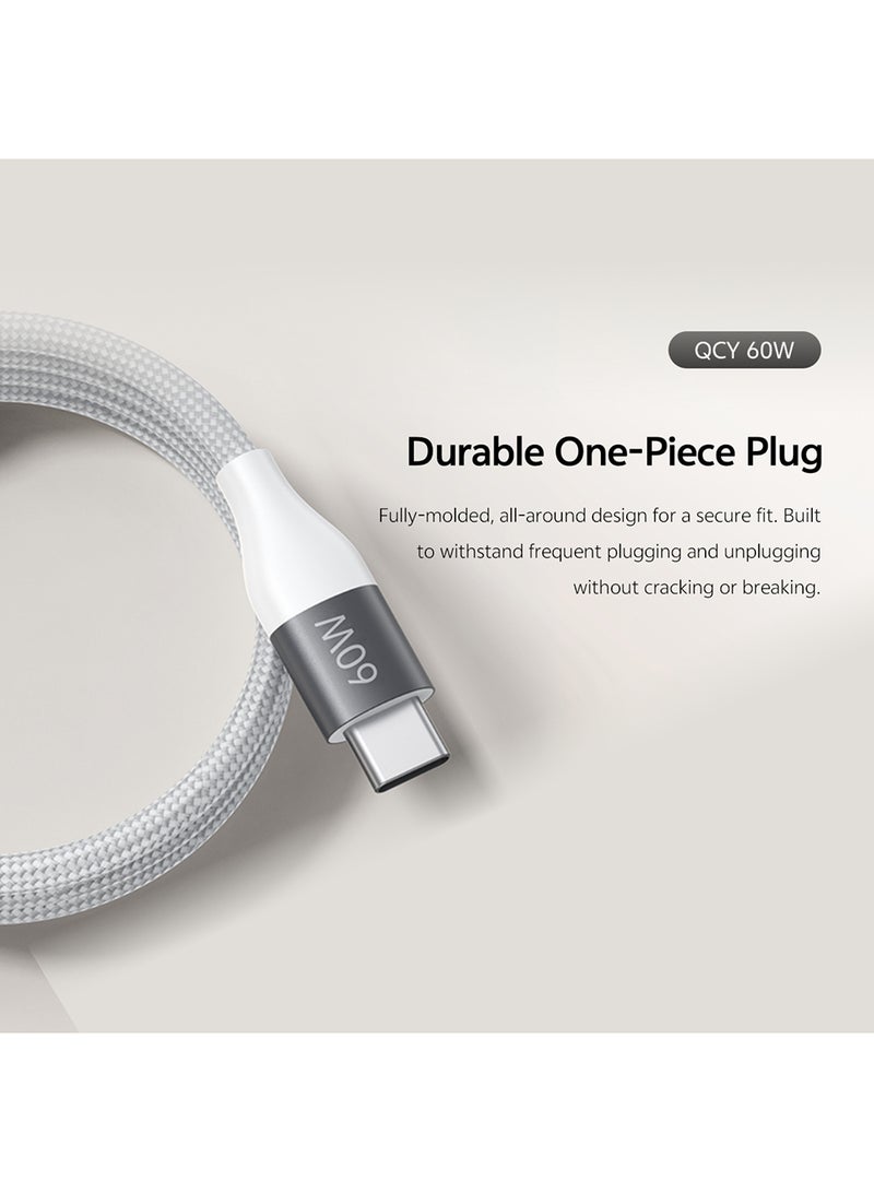 QCY Type-C to Type-C 60W Charging Cable 1m - White - DC21- – Fast Charging Cable with High-Speed Data Transfer, Precision Braided Design & Sturdy Metal Plug White - Image 2