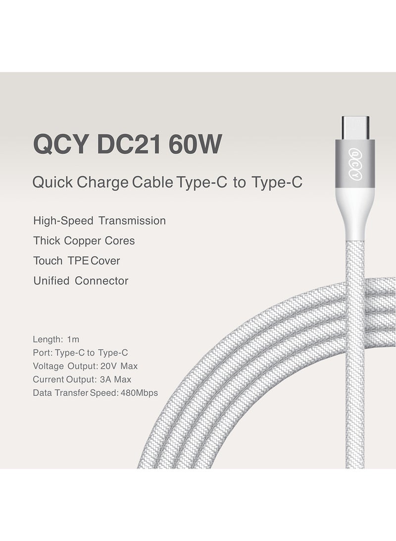 QCY Type-C to Type-C 60W Charging Cable 1m - White - DC21- – Fast Charging Cable with High-Speed Data Transfer, Precision Braided Design & Sturdy Metal Plug White - Image 3