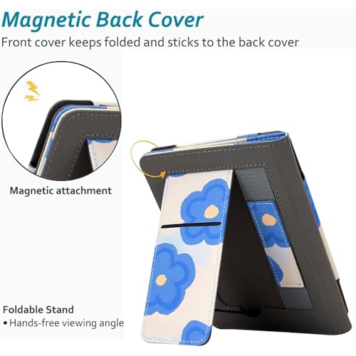 KEROM Case for 7"/6.8" Kindle Paperwhite (12th/11th Gen, 2024/2021), Kindle Colorsoft Signature Edition Case, PU Leather Foldable Stand Cover with Hand Strap & Auto Wake/Sleep, Cute Flowers - Image 4