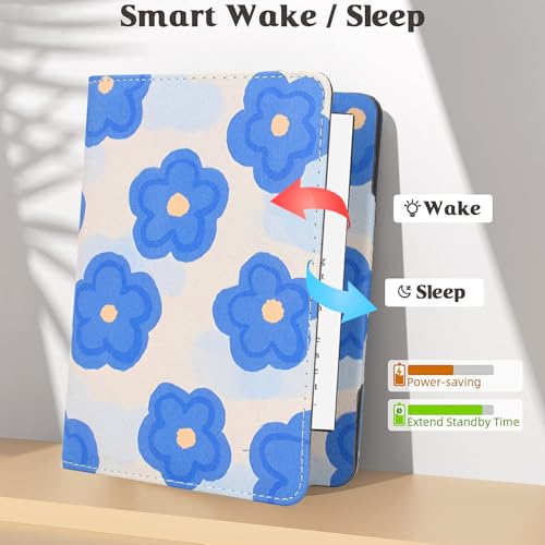 KEROM Case for 7"/6.8" Kindle Paperwhite (12th/11th Gen, 2024/2021), Kindle Colorsoft Signature Edition Case, PU Leather Foldable Stand Cover with Hand Strap & Auto Wake/Sleep, Cute Flowers - Image 2