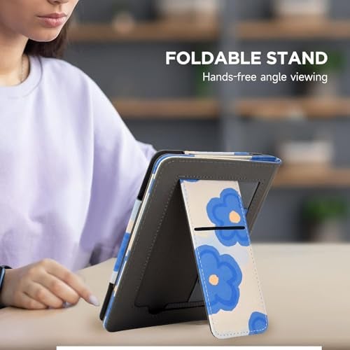 KEROM Case for 7"/6.8" Kindle Paperwhite (12th/11th Gen, 2024/2021), Kindle Colorsoft Signature Edition Case, PU Leather Foldable Stand Cover with Hand Strap & Auto Wake/Sleep, Cute Flowers - Image 5