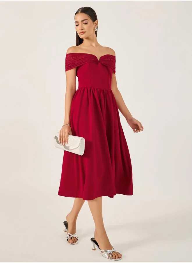 ستايلي Solid Off Shoulder Neck A-Line Midi Dress