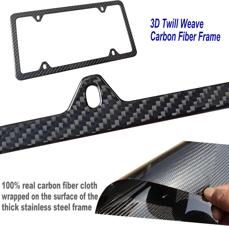 ZXFOOG Carbon Fiber License Plate Frame- 1 Pack100% Handcrafted Real Carbon Fiber Cloth Wrapped Holder, Slim Black Stainless Steel Car Tag Cover with Screws Caps, Rattle Proof Pad, 4 Hole - Image 3