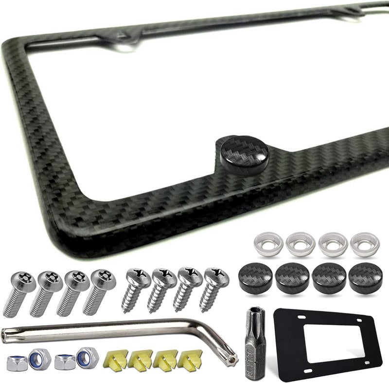 ZXFOOG Carbon Fiber License Plate Frame- 1 Pack100% Handcrafted Real Carbon Fiber Cloth Wrapped Holder, Slim Black Stainless Steel Car Tag Cover with Screws Caps, Rattle Proof Pad, 4 Hole - Image 1