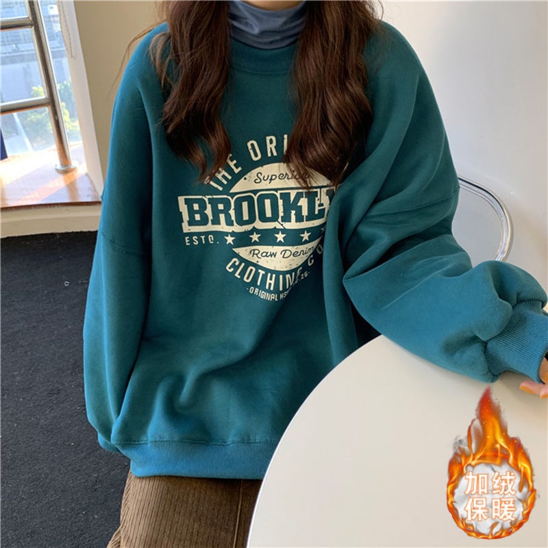 Fleece-lined sweater womens winter hooded coat ins Harajuku style loose student top couple wear casual T-shirt womens clothing 35 Green fleece-lined
