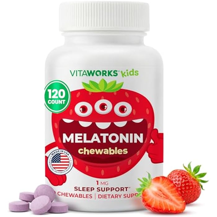 VitaWorks Kids Melatonin 1 mg Chewable with L theanine, Chamomile and Lemon Balm Extract Chewable Tablets - Natural Berry Flavor - for Help Falling and Staying Asleep - for Children - 120 Chewables - Image 1