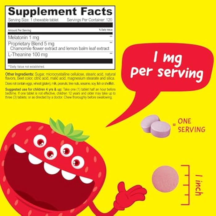 VitaWorks Kids Melatonin 1 mg Chewable with L theanine, Chamomile and Lemon Balm Extract Chewable Tablets - Natural Berry Flavor - for Help Falling and Staying Asleep - for Children - 120 Chewables - Image 2