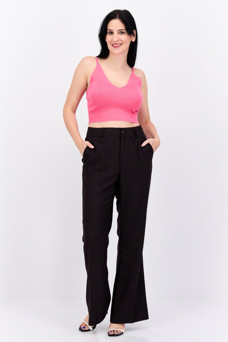 Scotch & Soda Women Slim Fit Metallic Mid Rise Wide Leg Pants, Dark Brown - Image 4