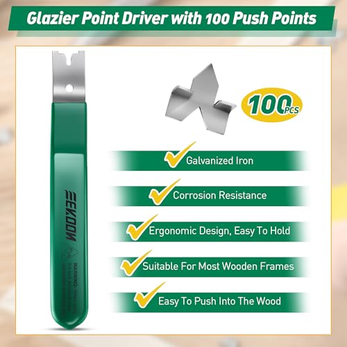 Feekoon Glazier Point Driver, Glazier Setting Tool with 100 Push Points, Glazing Push Point Driver Tool for Framing Glass Picture Cross Stitch(Green) - Image 3