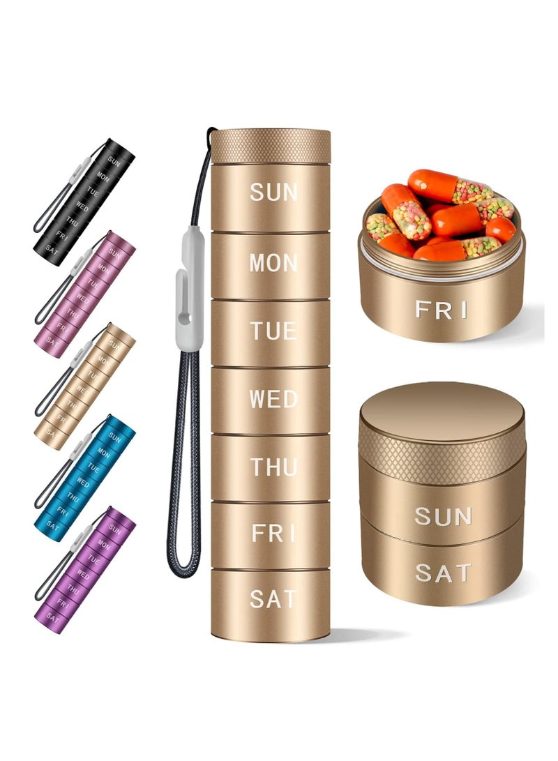 Suntown Travel Pill Organizer Weekly Waterproof Metal Pill Case Pill Holder Moisture Proof Daily pill box 7 days Large Pill Container to Hold Vitamins Medication Fish Oil Supplements Gold - Image 1