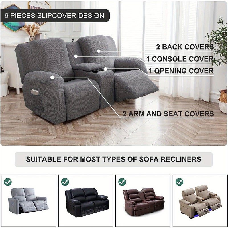 6pcs High Elasticity Jacquard Leaf Texture Recliner Sofa Cover With Central Console Protector And Pockets Spandex Soft Removable Washable Recliner Protector In Taupe For Home Hotel - Image 4
