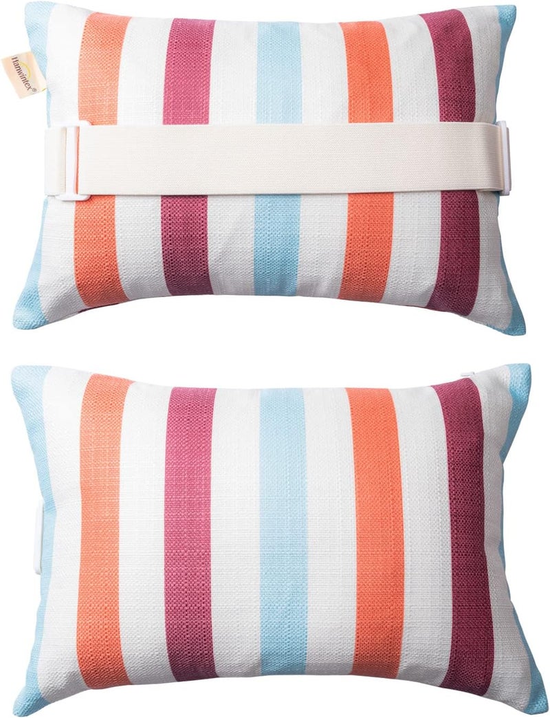 vmgreen Outdoor Beach Chair Head Resting Pillow, Pool Lounge Chair Pillows with Insert and Adjustable Elastic Stripe for Recliner Sunbrella Neck Attachment, 2 Pack Size 11”*16” Strip II Red - Image 1